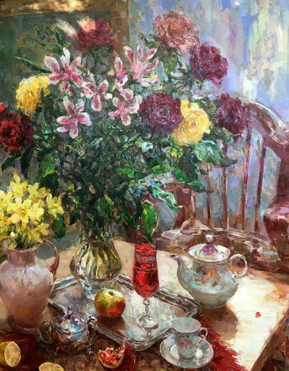 Oil painting Still life of red and yellow roses Sergey Mikhailichenko