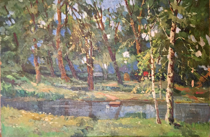 Oil painting Lake in a forest park Unknown artist