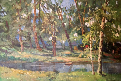 Oil painting Lake in a forest park Unknown artist