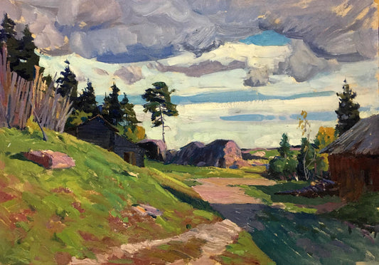 Oil painting Cloudy day in the village Anatoly Fomin