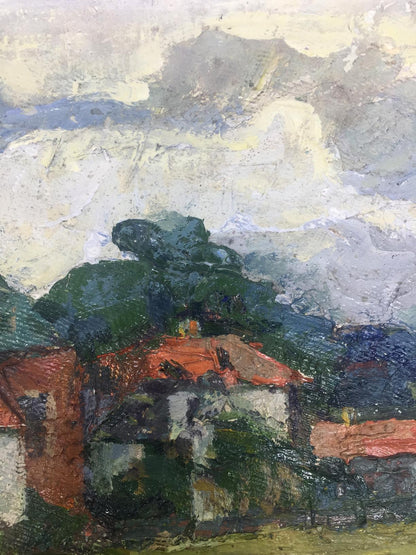 In oil, the artist illustrates houses situated on the outskirts