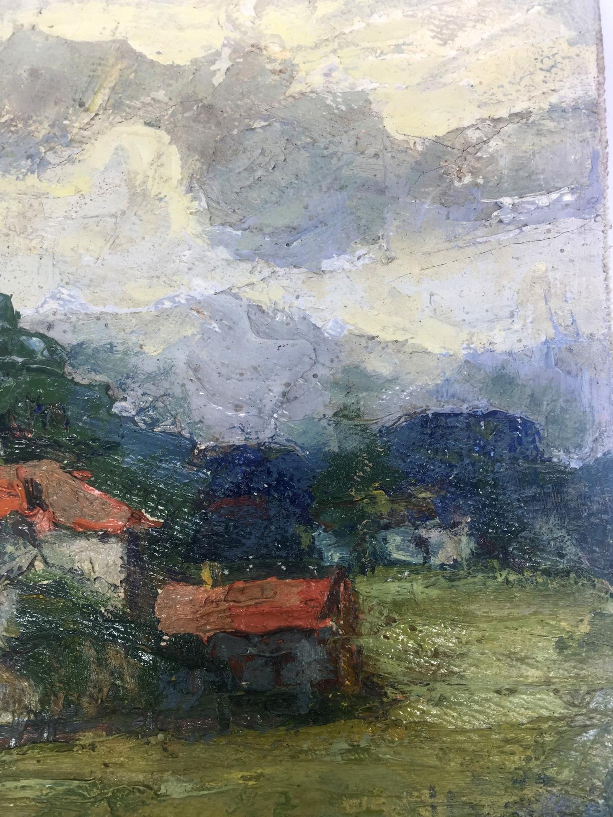 The artwork captures the essence of homes at the edge of a settlement