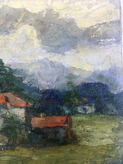 The artwork captures the essence of homes at the edge of a settlement