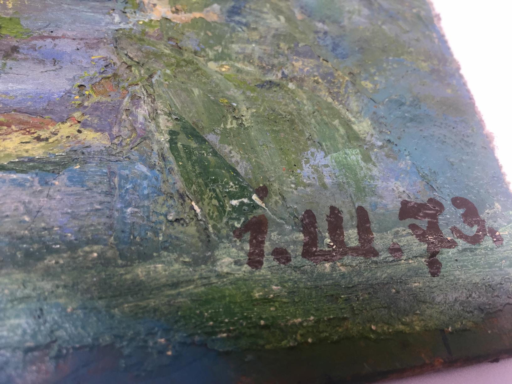 A scene of houses on the outskirts is depicted in the oil painting