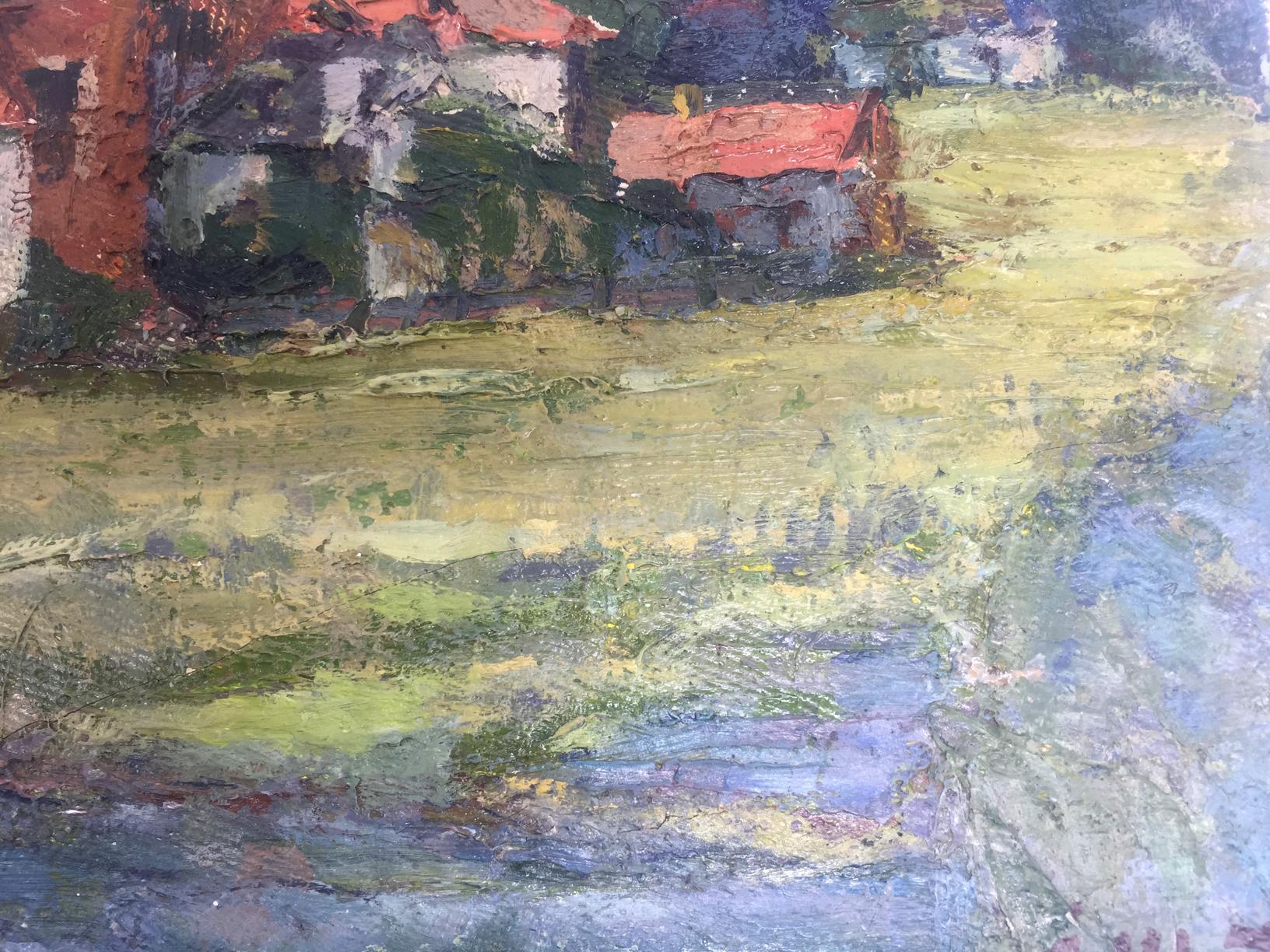 In the artwork, homes stand on the periphery of an urban area