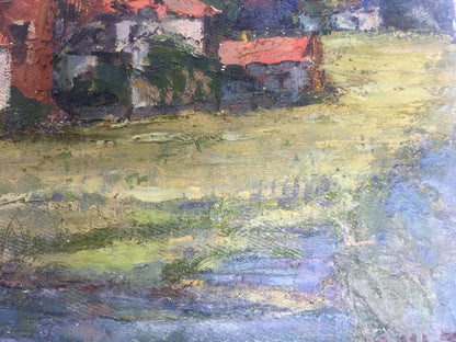 In the artwork, homes stand on the periphery of an urban area