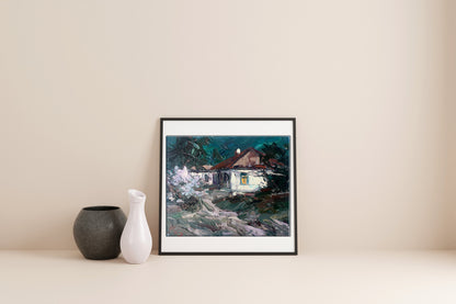 Oil painting Moonlit night in the village 