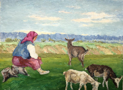Oil painting Grandmother and goats Cherkas A.G.
