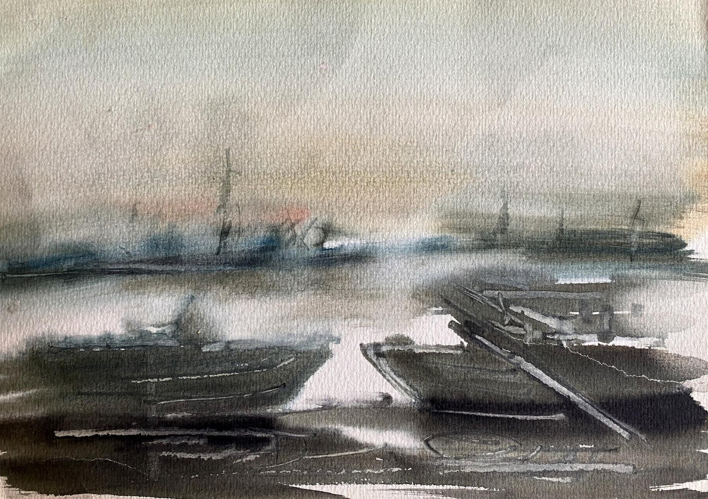 Watercolor painting Boat dock Benfialov