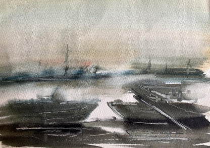 Watercolor painting Boat dock Benfialov