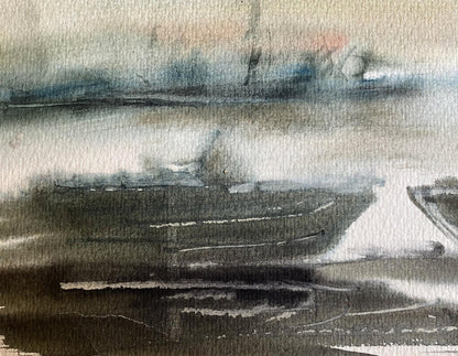 Watercolor painting Boat dock Benfialov
