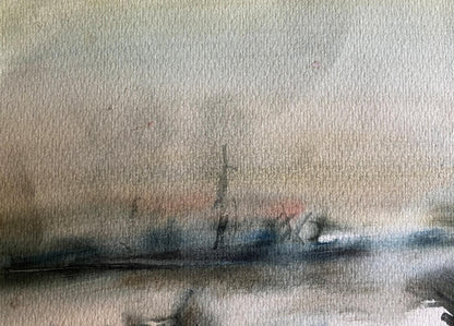 Watercolor painting Boat dock Benfialov