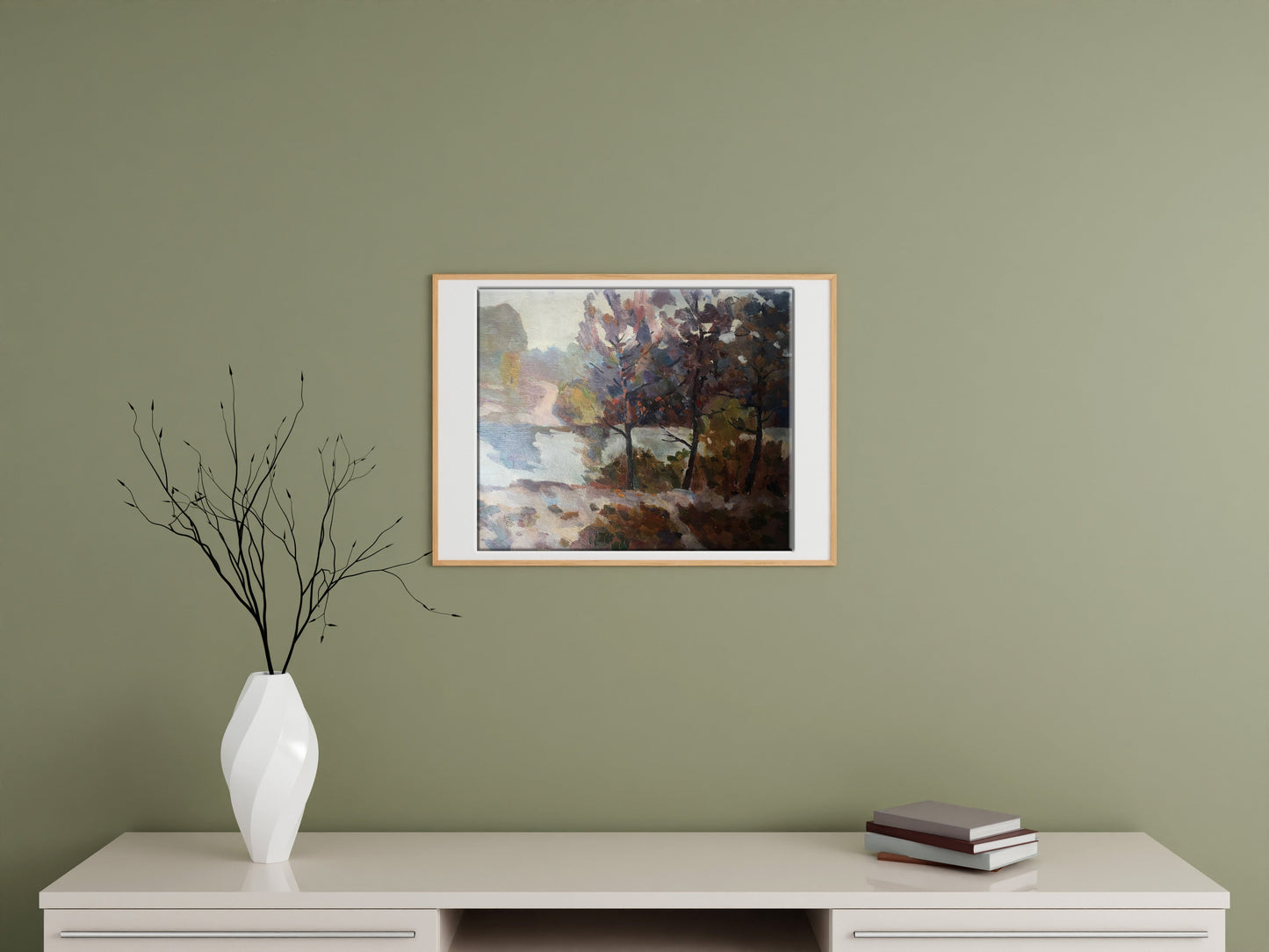 Peter Dobrev's oil artwork depicts a tranquil stream flowing through the forest