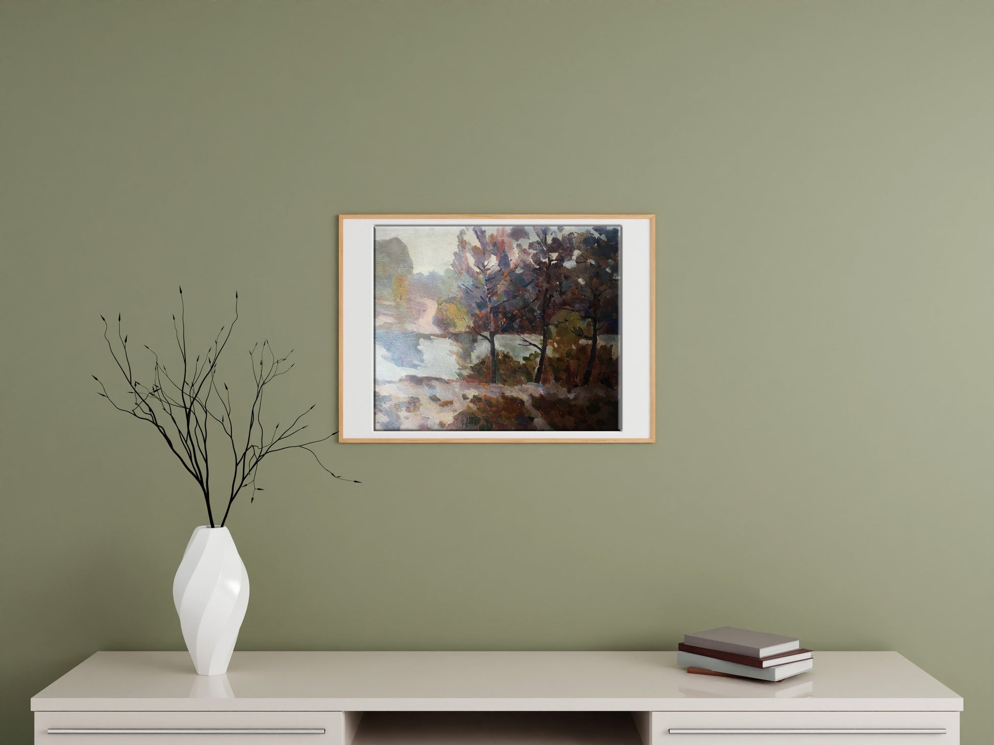 Peter Dobrev's oil artwork depicts a tranquil stream flowing through the forest
