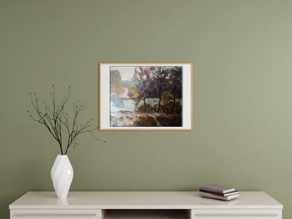 Peter Dobrev's oil artwork depicts a tranquil stream flowing through the forest