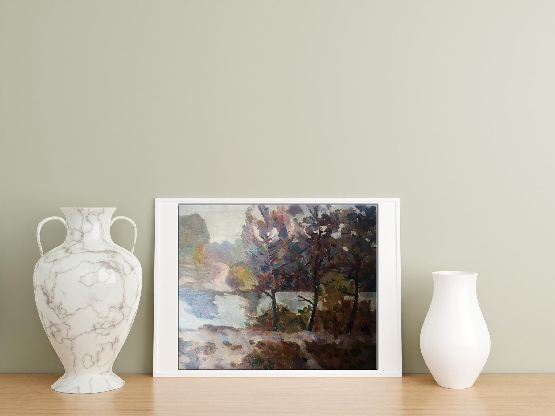 Dobrev's oil painting captures the serene beauty of a forest stream