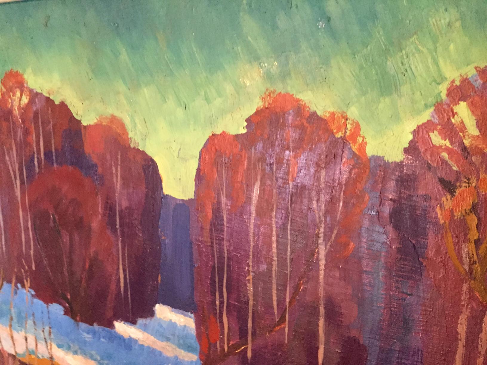 The dynamic movement of snow is rendered in Kudrin's oil painting
