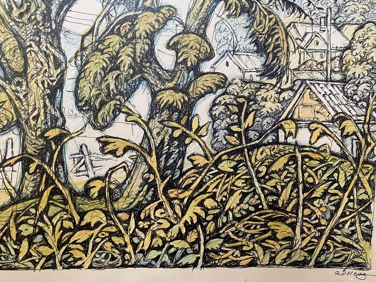 Pencil painting Landscape with village life Oleg Litvinov