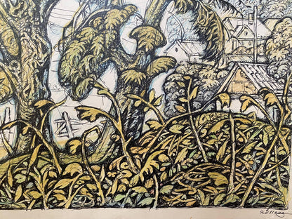 Pencil painting Landscape with village life Oleg Litvinov