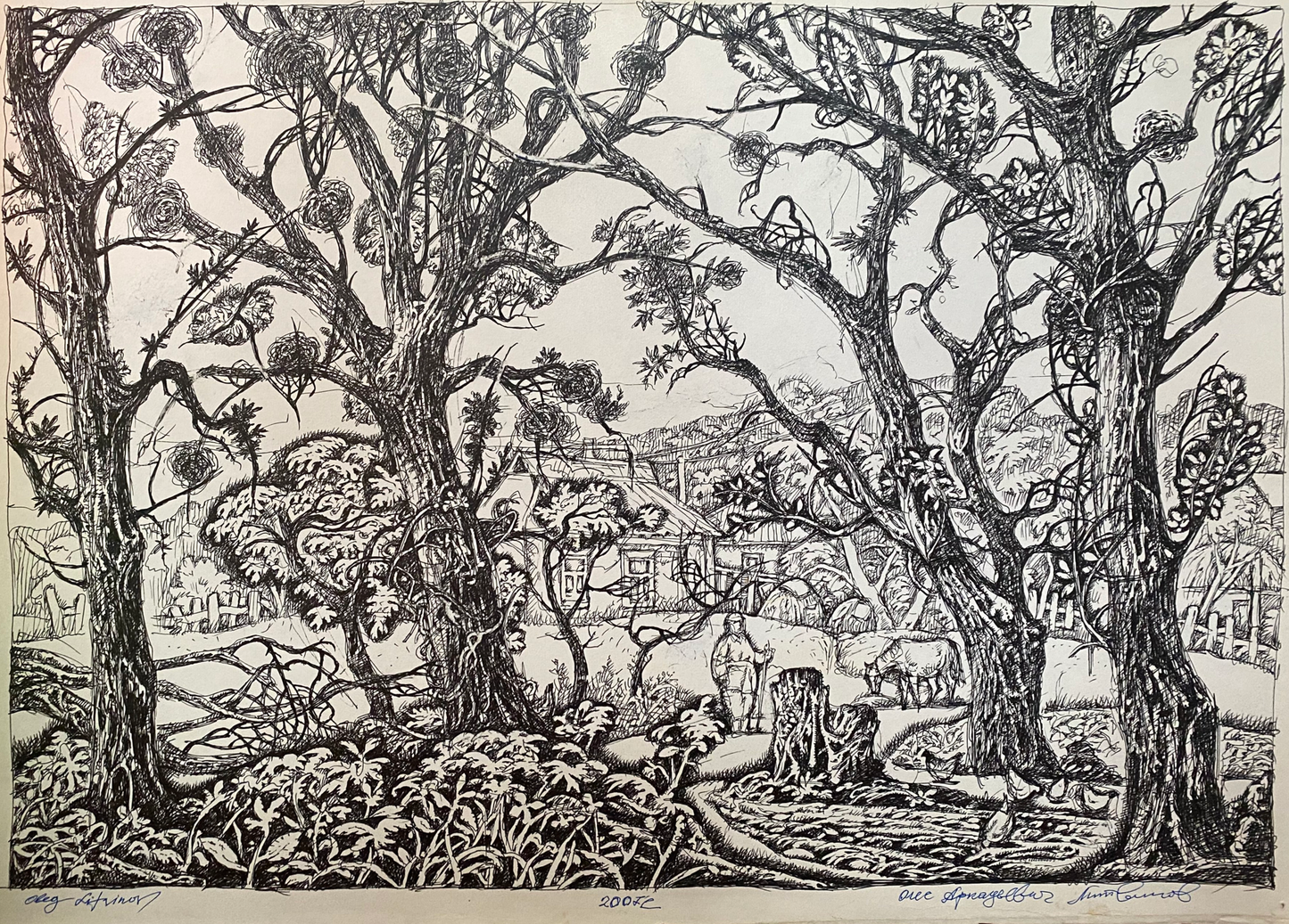 Ink painting Farmhouse in the village Oleg Litvinov