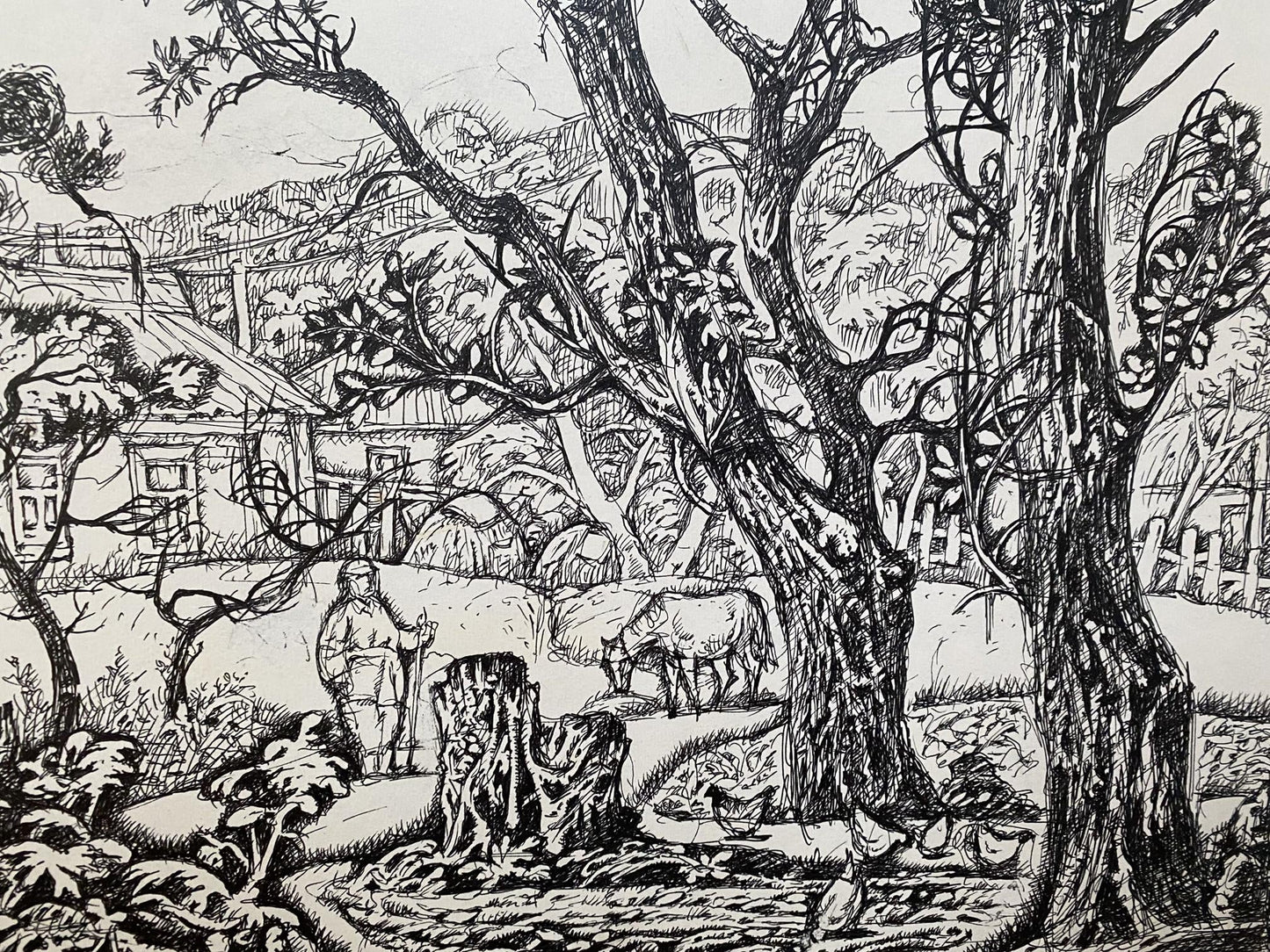 Ink painting Farmhouse in the village Oleg Litvinov