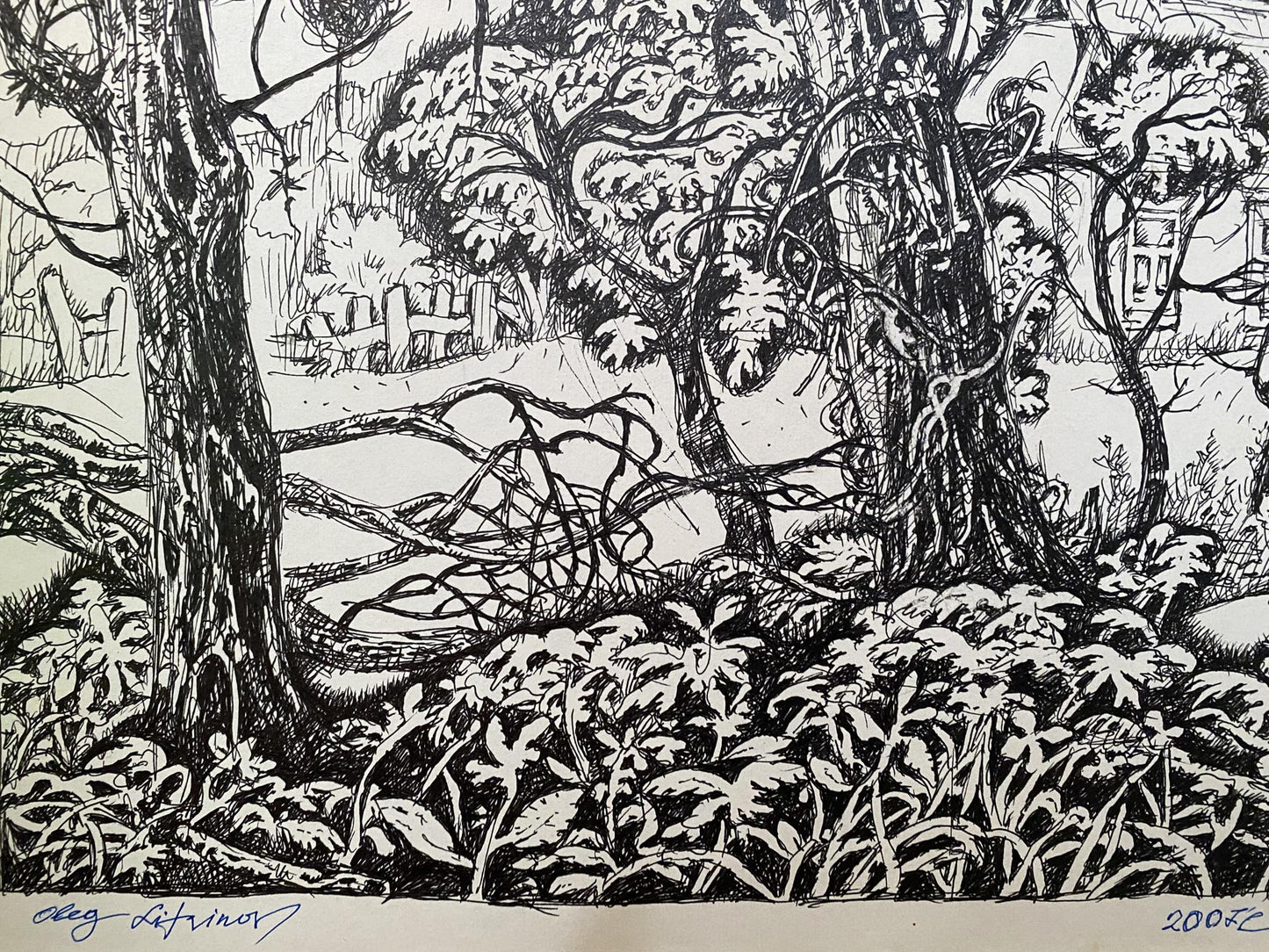 Ink painting Farmhouse in the village Oleg Litvinov