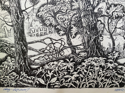 Ink painting Farmhouse in the village Oleg Litvinov