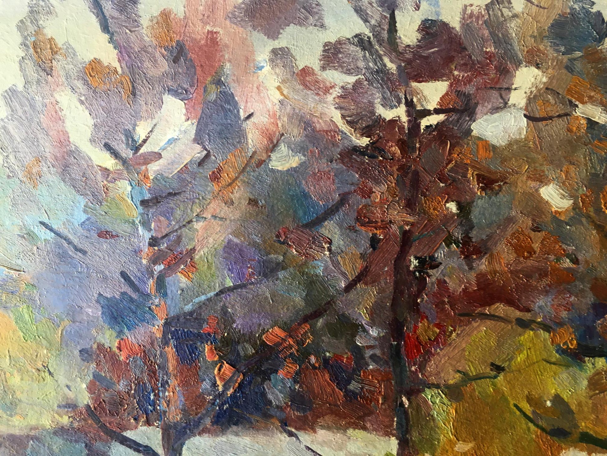 Dobrev's oil piece evokes the soothing ambiance of a forest scene with a flowing stream
