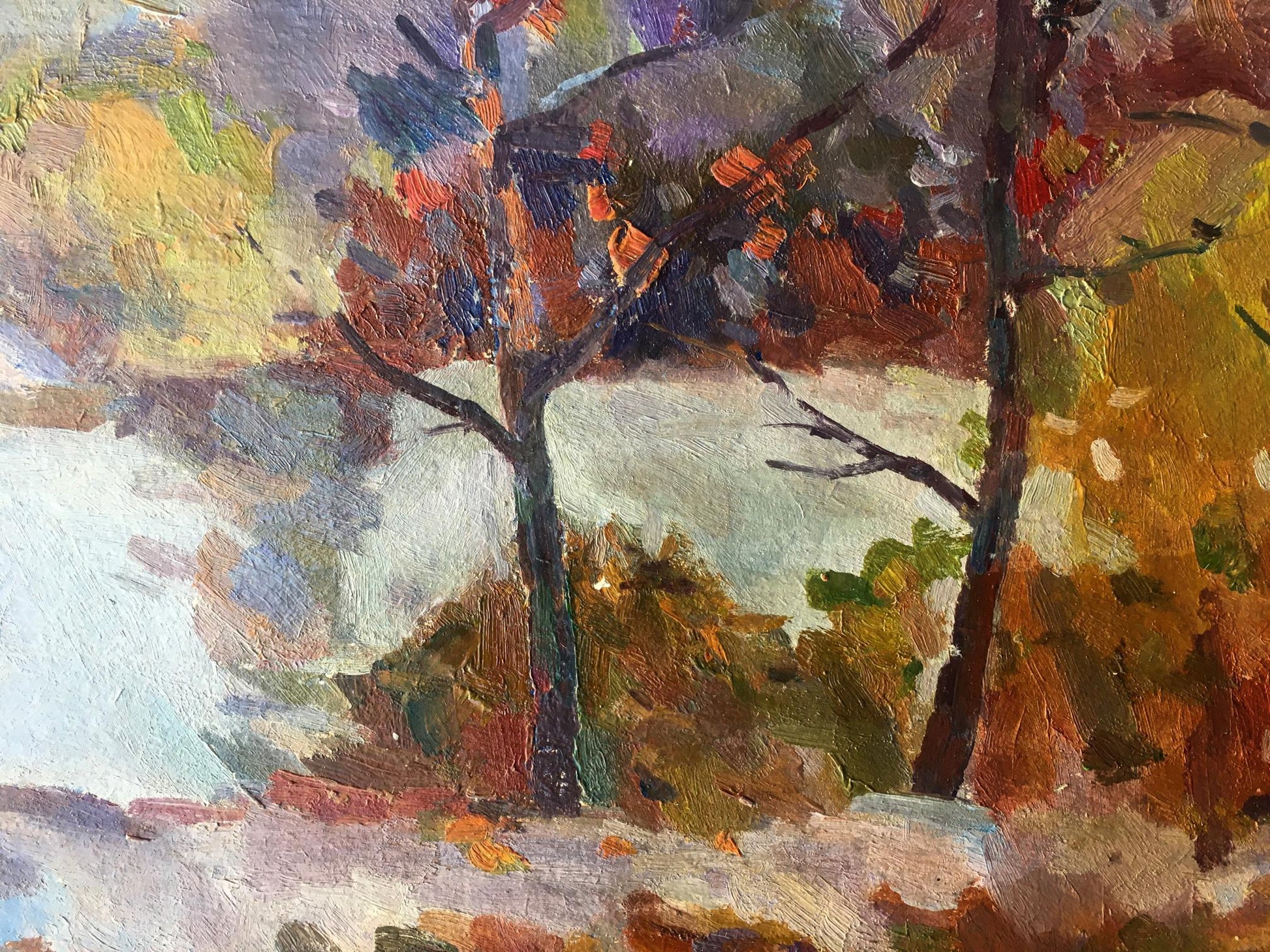 Dobrev's oil artwork portrays a serene forest scene with a gentle stream