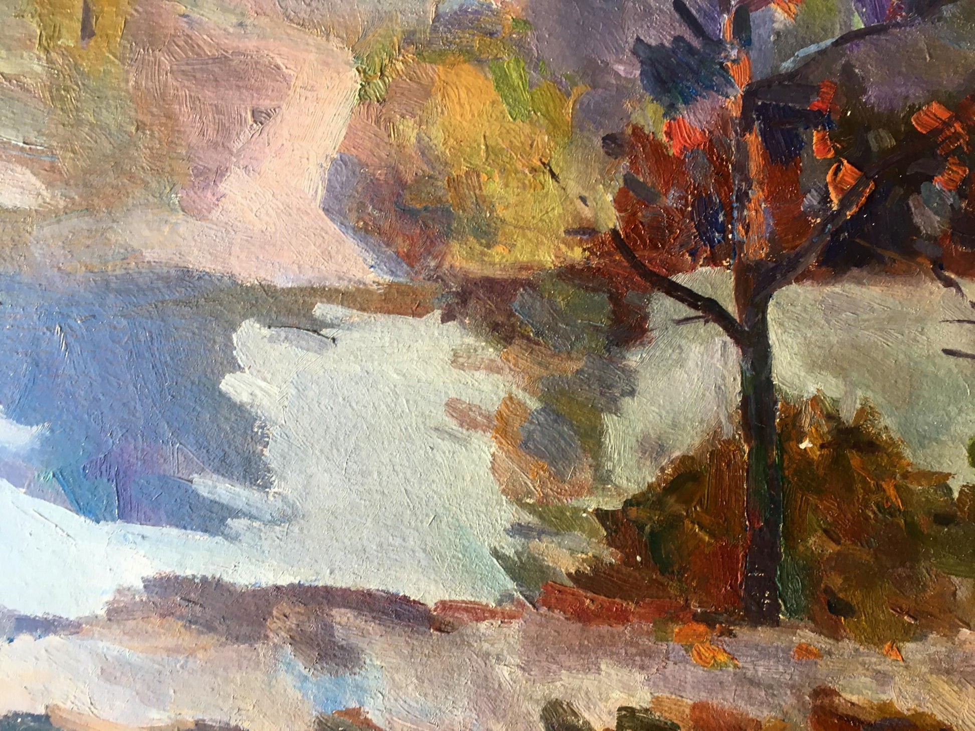 In Dobrev's painting, a meandering stream winds its way through the lush woodland