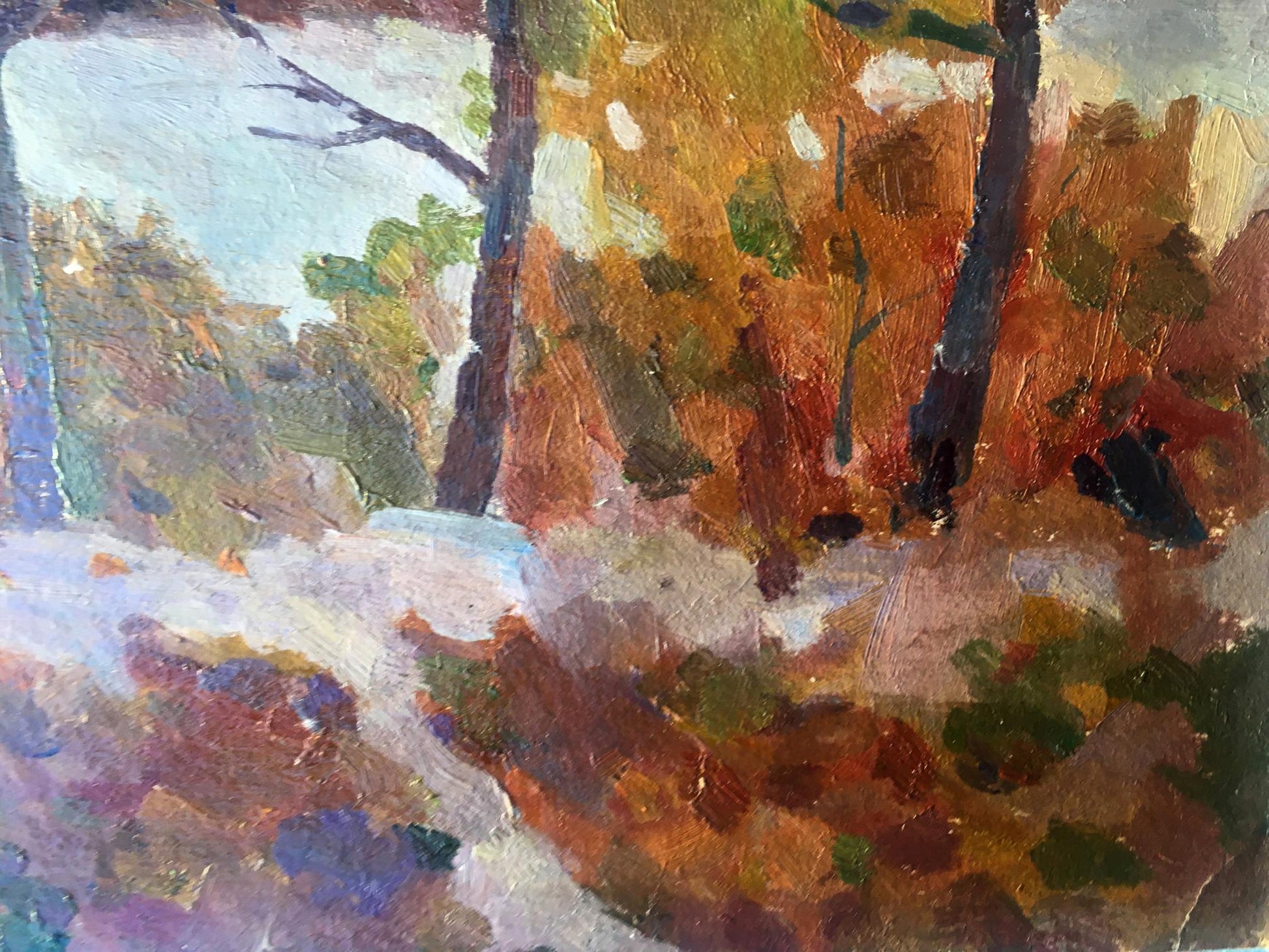 Dobrev's painting evokes the tranquility of a forest setting with its flowing stream