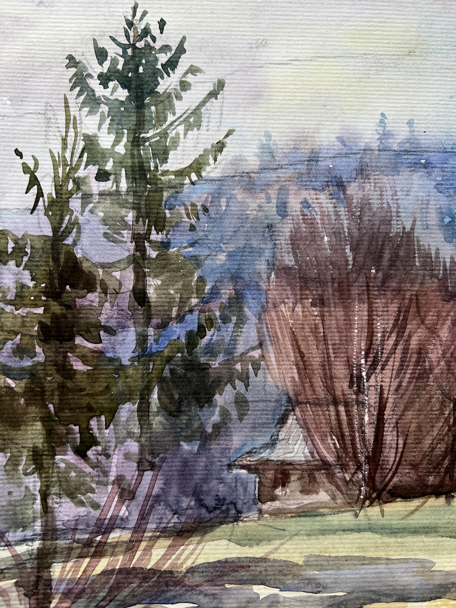 Watercolor painting village mountains