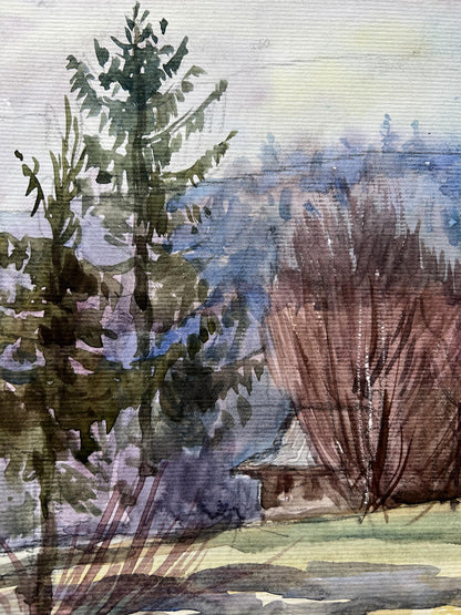 Watercolor painting village mountains