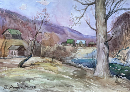 Watercolor painting A village near a pond V. Mishurovsky