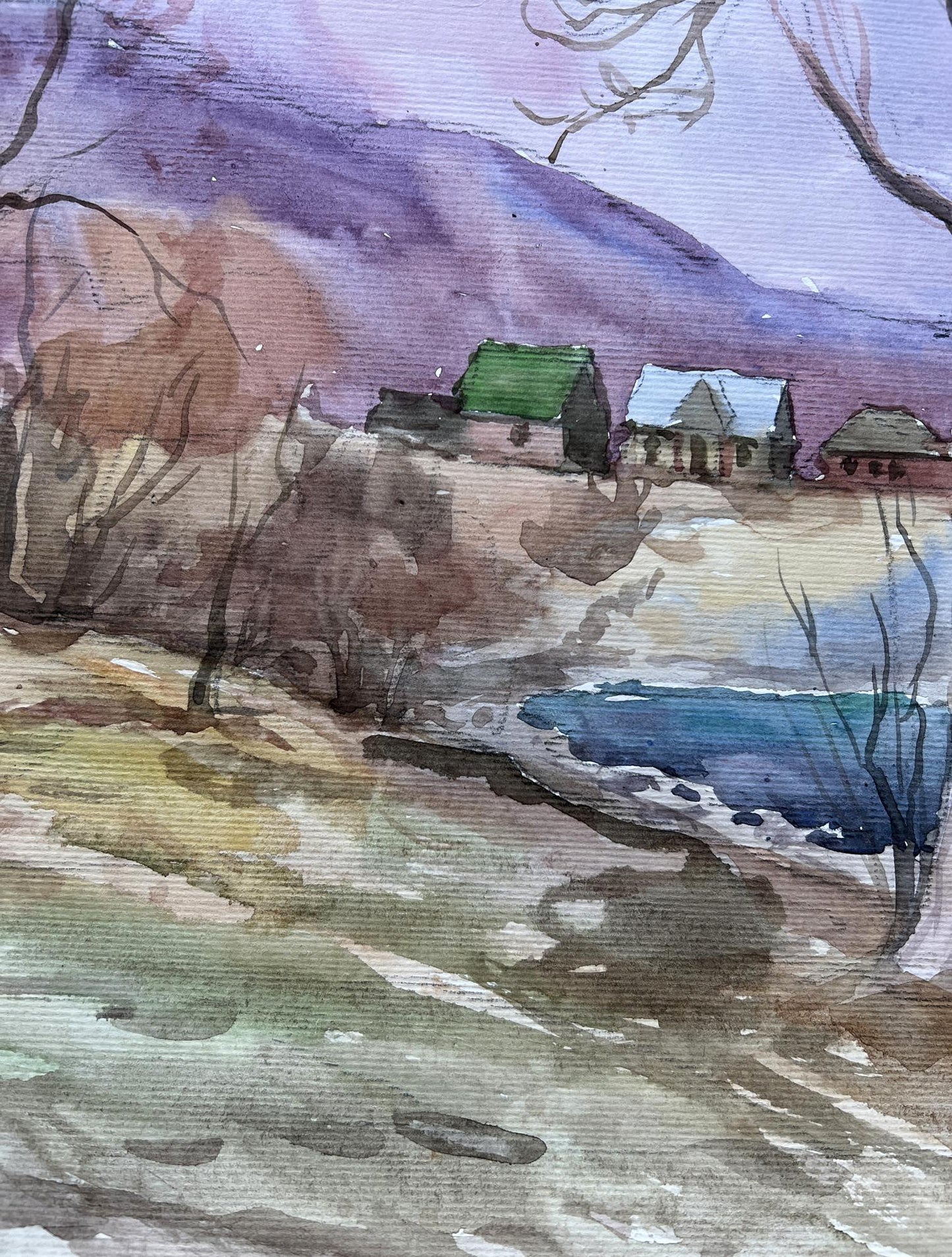 Watercolor painting Village Nature Landscape 