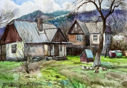 Watercolor painting The yard of the house V. Mishurovsky