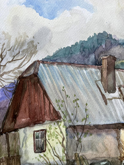 Watercolor painting yard house 