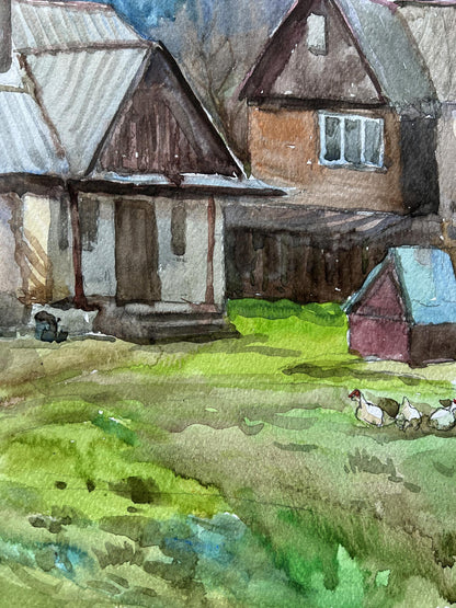 Watercolor painting Village  Landscape 