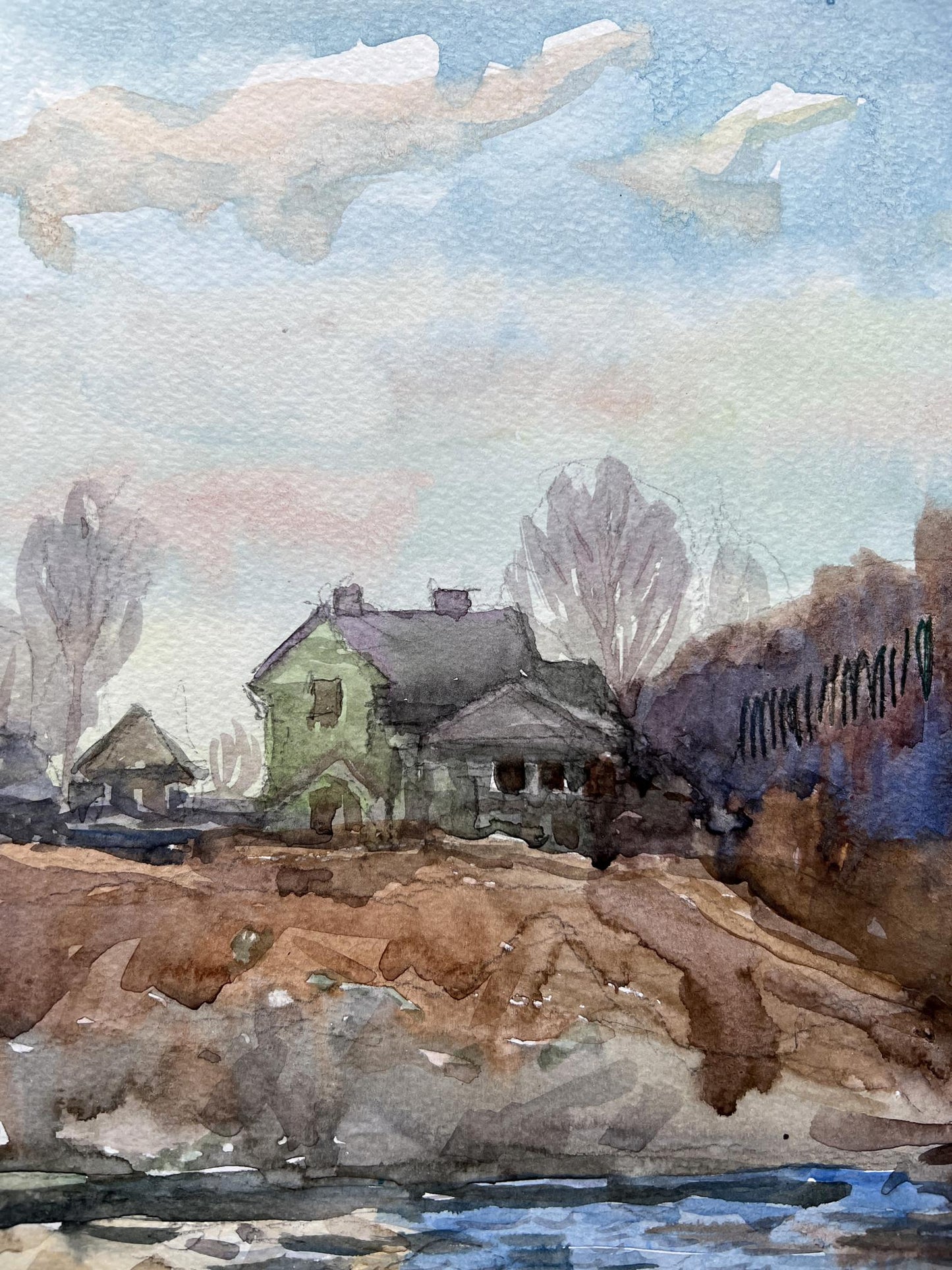 Watercolor painting Winter River 