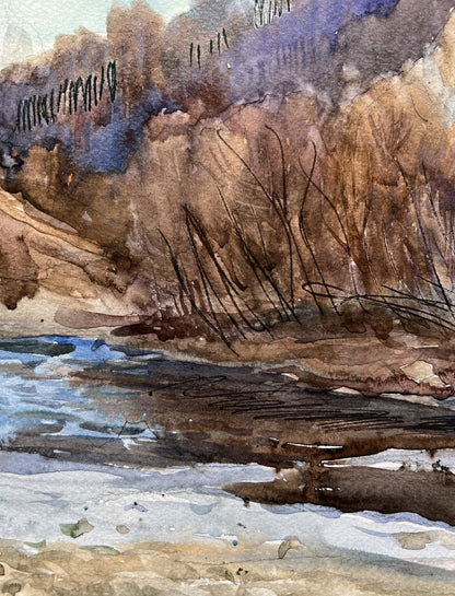 Watercolor painting Winter Mountain Landscape