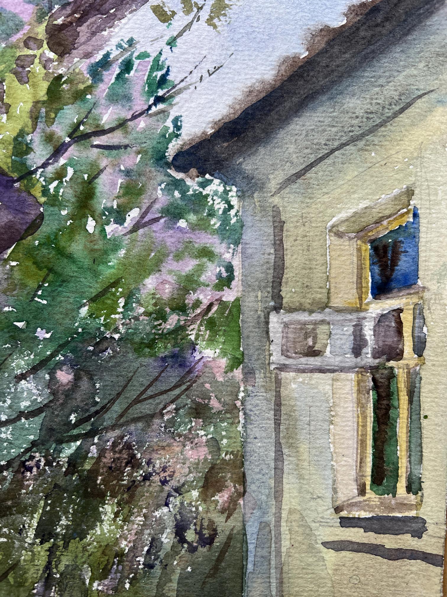 Watercolor painting Spring Village landscape 