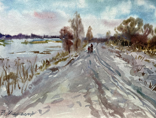 Watercolor painting Winter road V. Mishurovsky