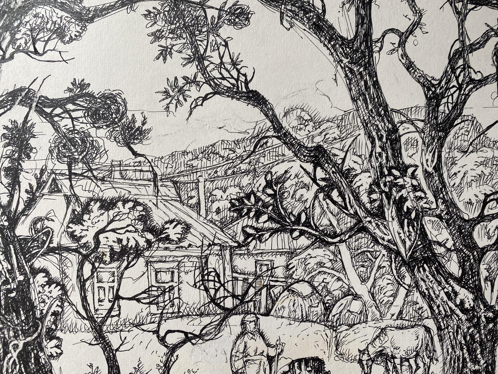 Ink painting of a house in the forest by Oleg Arkadiyovych Litvinov