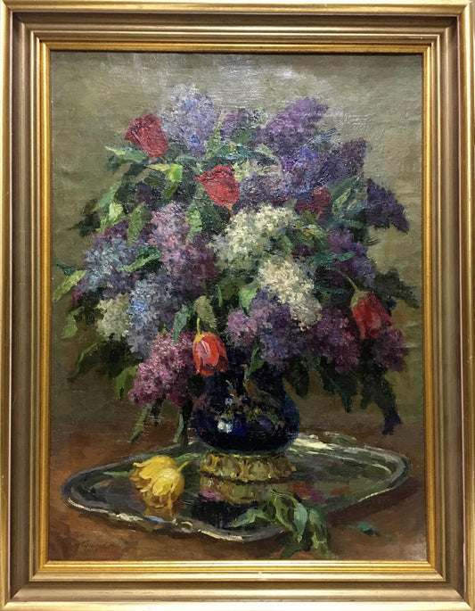 Oil painting Lilacs and tulips in the morning Unknown artist