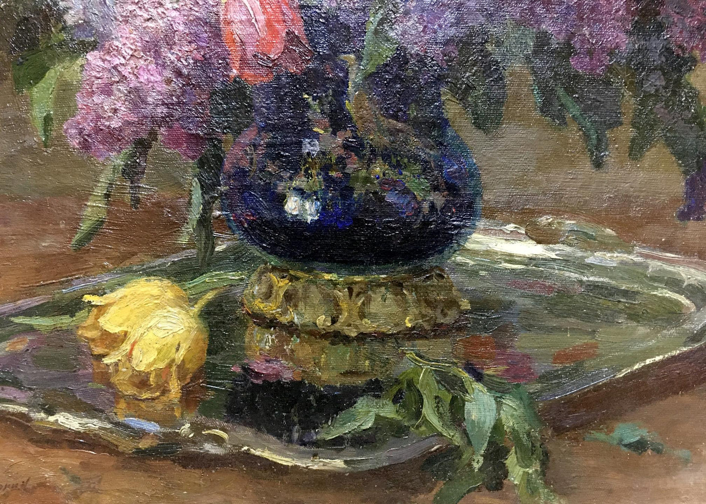 Oil painting Lilacs and tulips in the morning Unknown artist