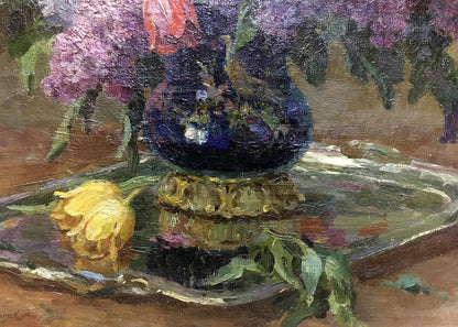 Oil painting Lilacs and tulips in the morning Unknown artist