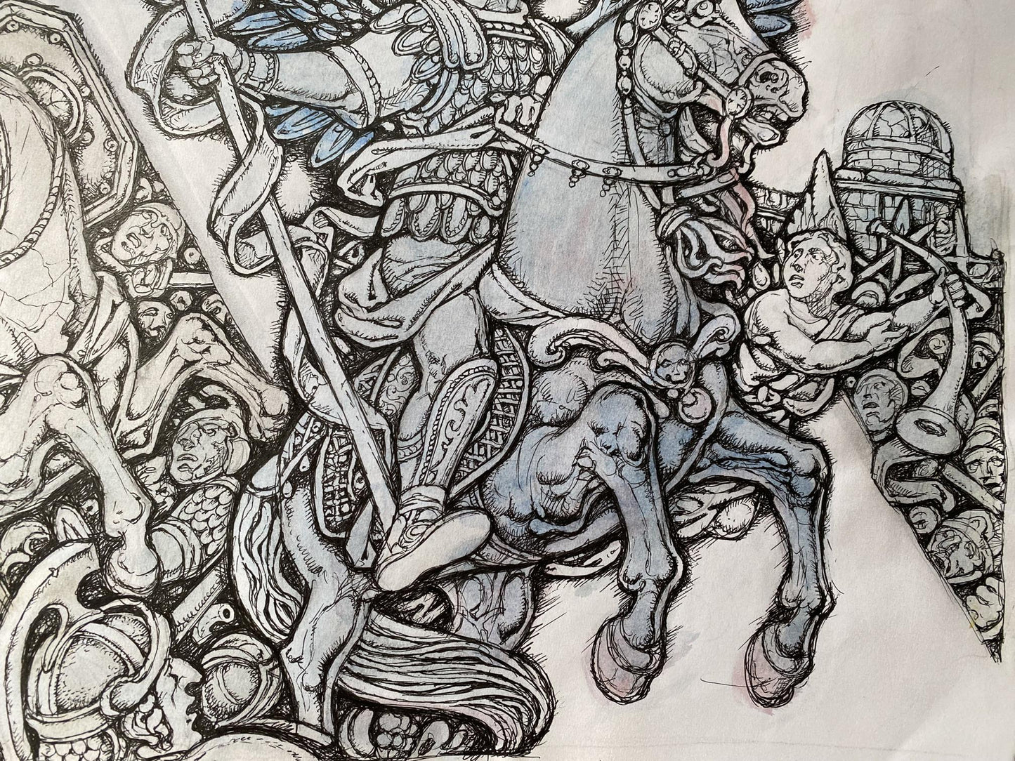 Ink painting Archangels in battle Oleg Litvinov