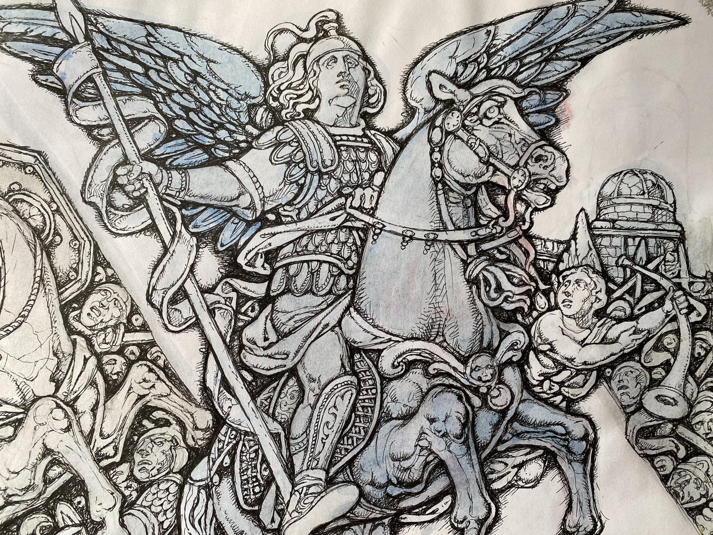 Ink painting Archangels in battle Oleg Litvinov
