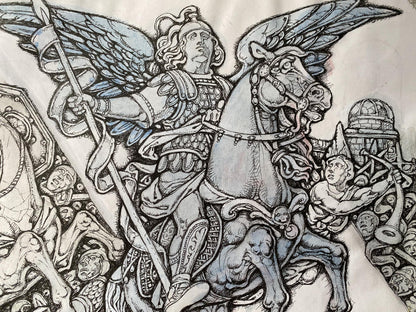 Ink painting Archangels in battle Oleg Litvinov