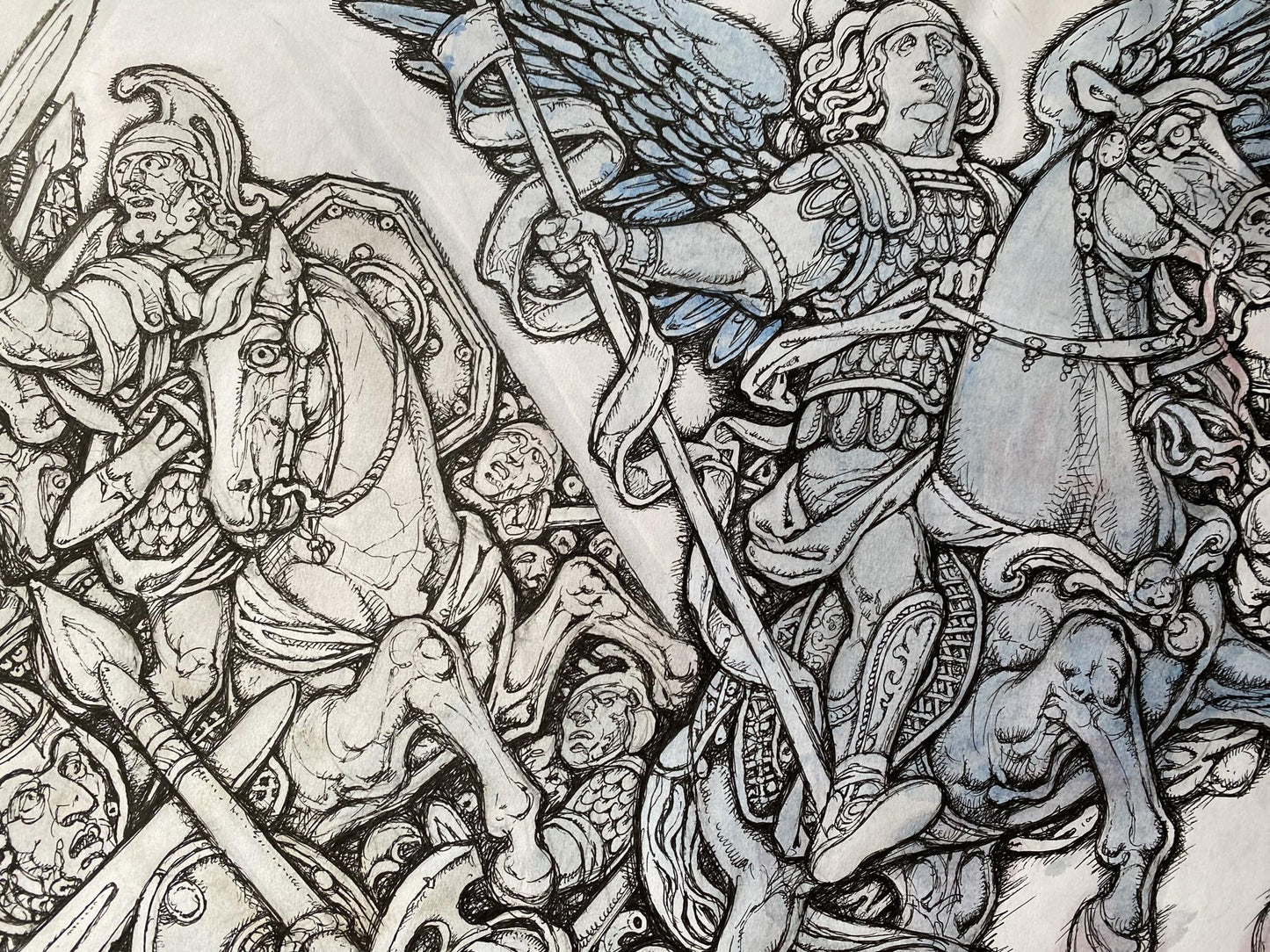 Ink painting Archangels in battle Oleg Litvinov